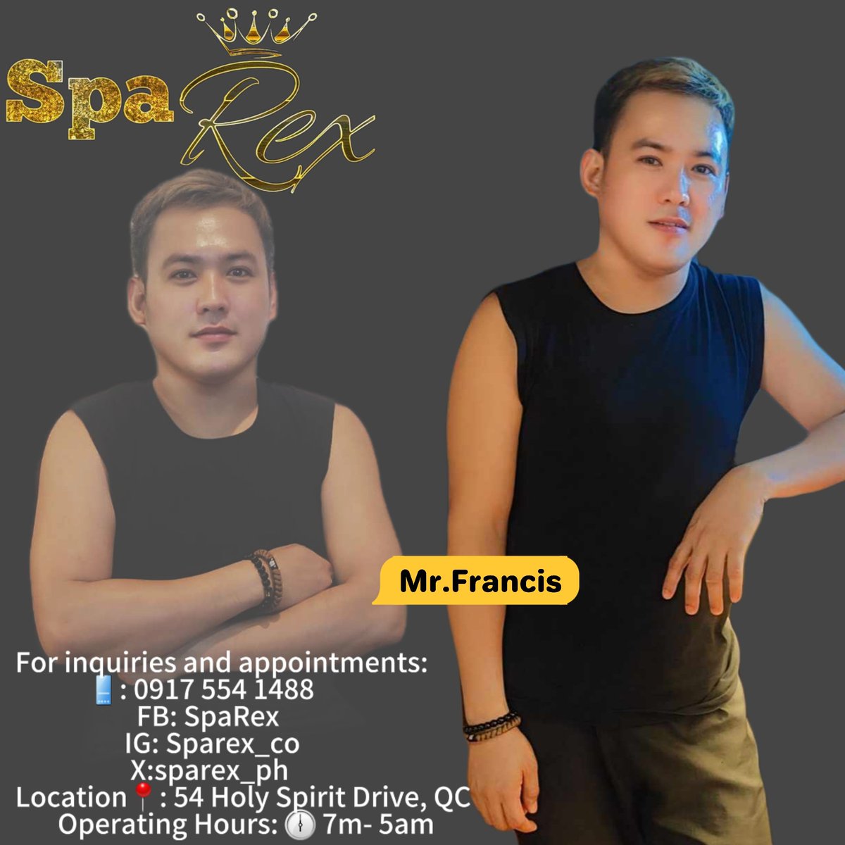 sparex_ph's tweet photo. Our Male Therapist!!😊

Alert promo promo!!

7am-12nn 150/hr
12nn-5pm 250/hr
5pm-3am 300/hr

You may walk in or DM us for booking.
For massage inquiries and appointments: 
📱:0917 554 1488
FB: SpaRex 
IG: Sparex_co
X:sparex_ph

Location📍: 54 Holy Spirit Drive Quezon City https://t.co/MaMv3SQJif