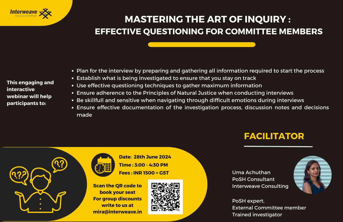 interweavein's tweet photo. Hurry and book your seat for the Webinar on - Mastering the art of Inquiry
Date - June 28th 2024
Time - 3:00pm - 4:00pm
https://t.co/gsN8xgW6PT - registration link
#POSH #Webinar #Interweave https://t.co/kqoqX16UOD