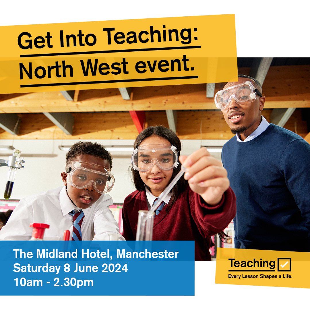 Our team will be at The Midland Hotel, Manchester on Saturday to talk all things teaching 🍎👩‍🏫

Click the link to register ➡️ 

getintoteaching.education.gov.uk/events/about-g…

We hope to see you there! 

#getintoteaching #everylessonshapesalife