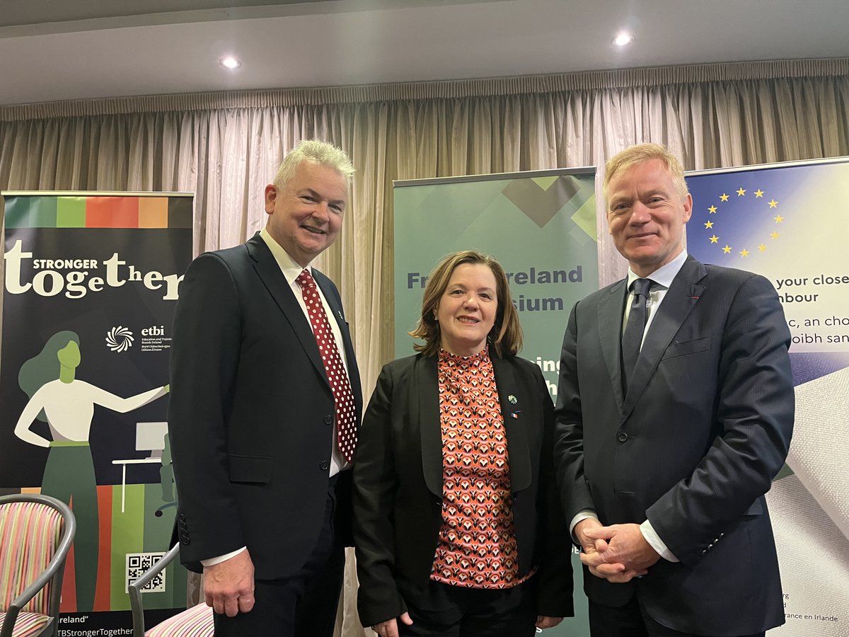 ETBIreland's tweet photo. Paddy Lavelle ETBI, Patricia Janissin, Ministry of Education &amp; Youth France and French Ambassador H.E Vincent Guérend at today's France Ireland Symposium: Strengthening the Franco Irish Dynamic in Vocational Education and Training  
#ETBStrongerTogether
#TheInternationalETB https://t.co/4wbDf469Z3