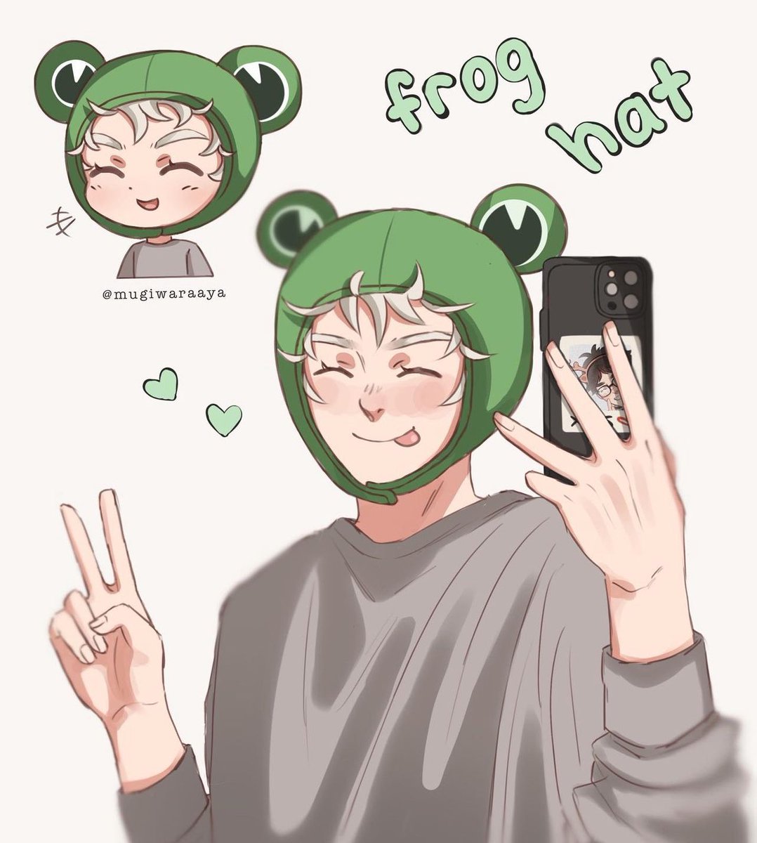 mugiwaraaya's tweet photo. frog hat bokuto featuring his phone case w akaashi’s photo 💜 https://t.co/QJbm4vsKve
