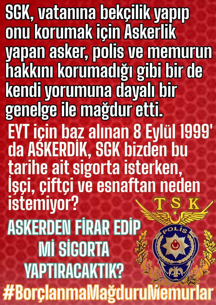 <a href="/MDervisogluTR/">Müsavat Dervişoğlu</a> Sn Gen Bşk <a href="/MDervisogluTR/">Müsavat Dervişoğlu</a>
Asker ve polisler olarak artık sahipsiz, çaresiz kendi halimize terk edilmek istemiyoruz
Askerlik borçlanmasıyla herkes EYTden faydalandı bir tek bizler faydalanamadık
Sn <a href="/YS_Turkoglu/">Selçuk Türkoğlu</a> vekilimiz çözüm için yasa teklifi verdi
Size ve ekibinize güveniyoruz