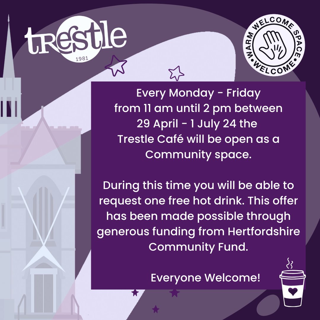Don't forget that until the 1st July you can pop into #TrestleArtsBase &amp; request a FREE Hot Drink as part of the Community Spaces initiative generously funded by <a href="/HertsCommunityF/">Hertfordshire Community Foundation</a>

Come along between 11 am - 2 pm Mon to Fri &amp; ask at the counter!

#Community #Cafe #StAlbans