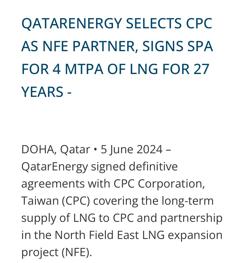 Taiwan agrees to buy LNG past 2050. AKA energy security trumps net-zero ambitions 🇹🇼 🤝 🇶🇦 🚢 Qatar will supply 4 million tons/year for 27 starting later this decade. This is *A LOT* for Taiwan ☢️ Taiwan is phasing out nuclear power by 2025, which will increase gas needs