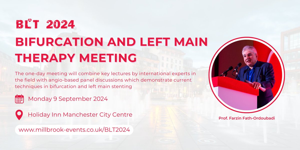 Millbrook Medical Conferences (@millbrookmed) on Twitter photo The Bifurcation and Left Main Therapy Meeting is back for 2024! Be sure to join course director <a href="/ford1102/">Farzin Ordoubadi</a> at the Holiday Inn Manchester City Centre on Monday 9 September 2024.
Register for the #BLTCourse: millbrook-events.co.uk/BLT2024 The Bifurcation and Left Main Therapy Meeting is back for 2024! Be sure to join course director <a href="/ford1102/">Farzin Ordoubadi</a> at the Holiday Inn Manchester City Centre on Monday 9 September 2024.
Register for the #BLTCourse: millbrook-events.co.uk/BLT2024