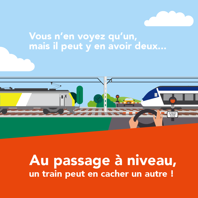 SNCFReseau's tweet photo. 🚦 Aujourd'hui, c'est la Journée internationale de sensibilisation aux #passagesaniveau !
L'occasion de vous sensibiliser aux trains croiseurs dont le risque est signalé par le panneau "Un train peut en cacher un autre". 

#RestonsVigilants

@ilcad