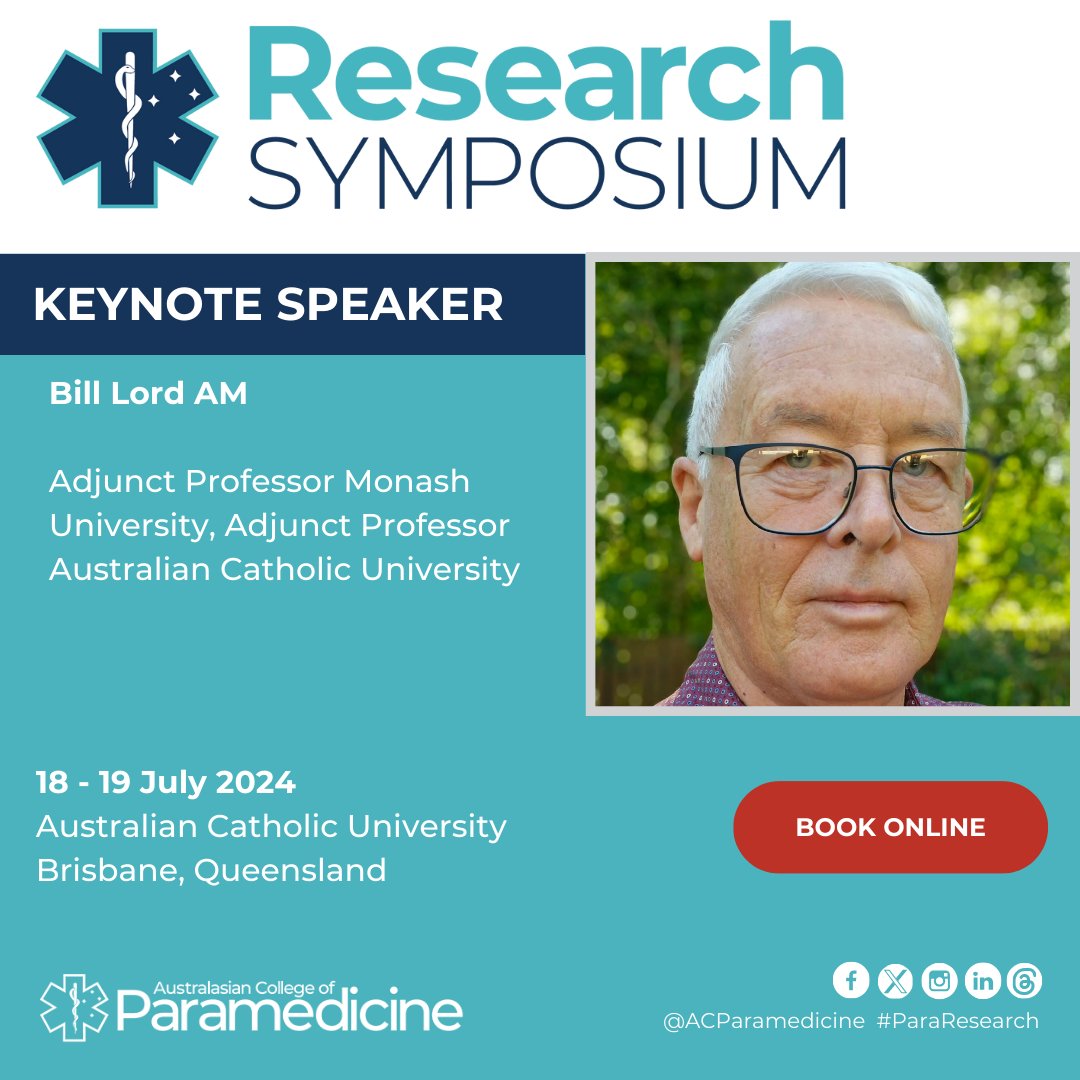 Australasian College of Paramedicine (ACP) (@acparamedicine) on Twitter photo Joining us as a Keynote at next month's #ParaResearch Symposium is <a href="/BillLord2/">Bill Lord AM</a> who was awarded the Member of the Order of Australia for his significant services to paramedicine education & research, delivering a presentation titled 'Celebrating Research'
🔗paramedics.org/research-sympo… Joining us as a Keynote at next month's #ParaResearch Symposium is <a href="/BillLord2/">Bill Lord AM</a> who was awarded the Member of the Order of Australia for his significant services to paramedicine education & research, delivering a presentation titled 'Celebrating Research'
🔗paramedics.org/research-sympo…