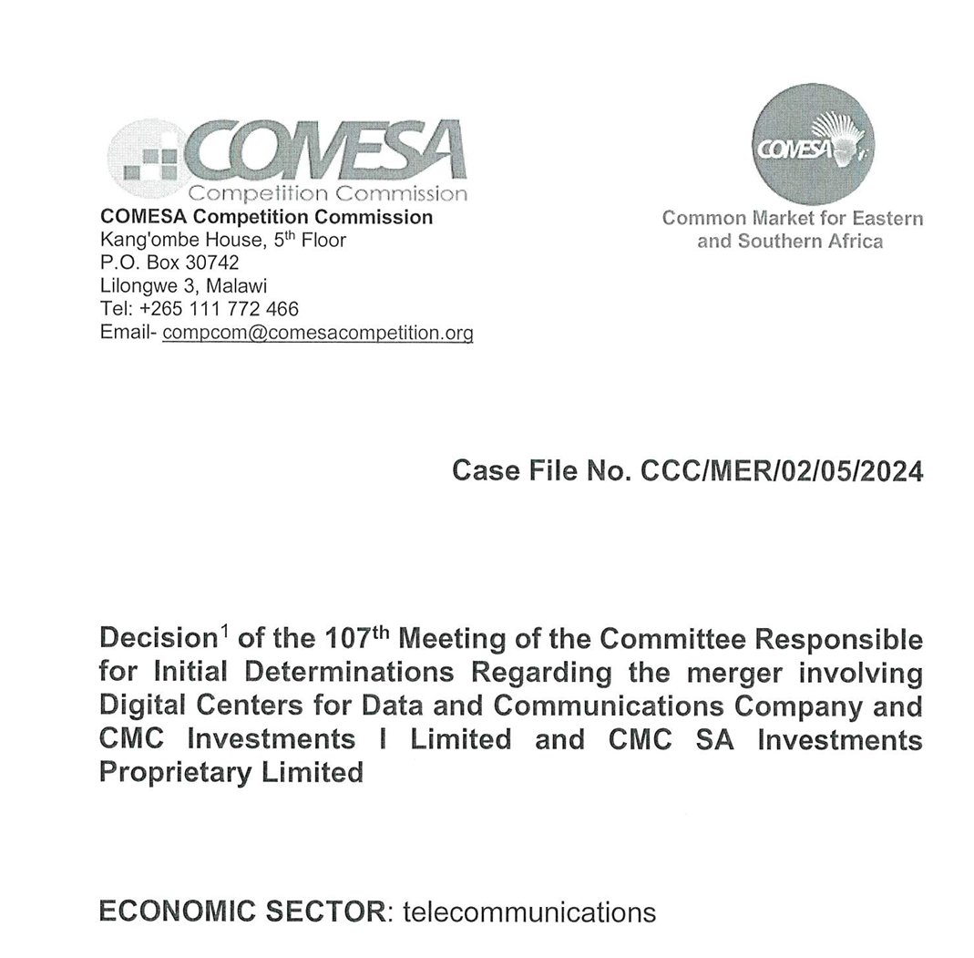 CCCC_COMESA's tweet photo. #CCC has published a #MergerDecision-Proposed Acquisition by Digital Centers for Data & Communications Company of all the issued ordinary shares in CMC Investments I Limited & CMC SA Investments Proprietary Limited in the telecommunications sector. See; https://t.co/CS2LzjQhIx https://t.co/jHinGJp6kp