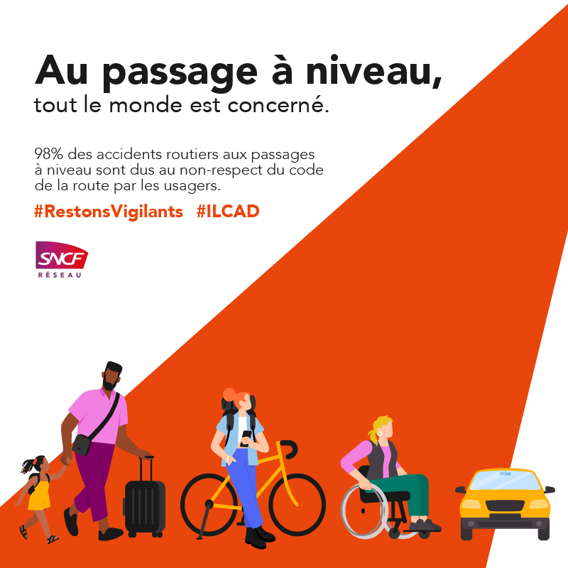 SNCFReseau's tweet photo. 🚦 Aujourd'hui, c'est la Journée internationale de sensibilisation aux #passagesaniveau !
L'occasion de vous sensibiliser aux trains croiseurs dont le risque est signalé par le panneau "Un train peut en cacher un autre". 

#RestonsVigilants

@ilcad