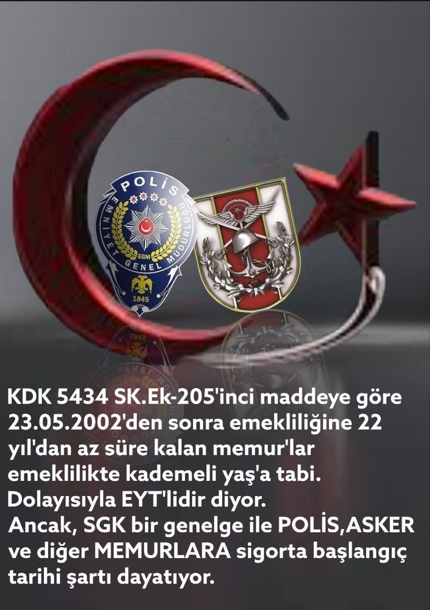 <a href="/MDervisogluTR/">Müsavat Dervişoğlu</a> Sn Gen Bşk <a href="/MDervisogluTR/">Müsavat Dervişoğlu</a>
Asker ve polisler olarak artık sahipsiz, çaresiz kendi halimize terk edilmek istemiyoruz
Askerlik borçlanmasıyla herkes EYTden faydalandı bir tek bizler faydalanamadık
Sn <a href="/YS_Turkoglu/">Selçuk Türkoğlu</a> vekilimiz çözüm için yasa teklifi verdi
Size ve ekibinize güveniyoruz