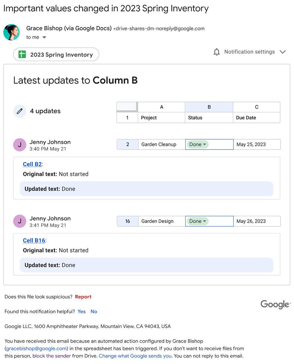 Sledujte změny v #GoogleSheets s funkcí Podmíněná upozornění.
- nastavte si pravidla pro odesílání emailů při splnění daných kritérií (změna hodnoty, komentář, atd.)
- získejte informace o změnách, kdo je provedl a další detaily
- sdílejte upozornění s kolegy pro lepší koordinaci