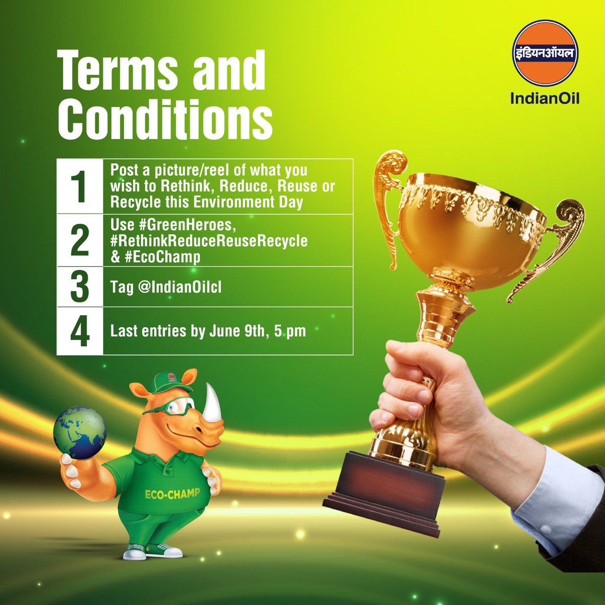 IndianOilcl's tweet photo. The wait is over! Our #GreenHeroes contest is here.
Post a picture/reel of what you wish to #RethinkReduceReuseRecycle this #EnvironmentDay & be an #EcoChamp.
Refer to the post for Terms and Conditions. https://t.co/uf9InnkTYJ