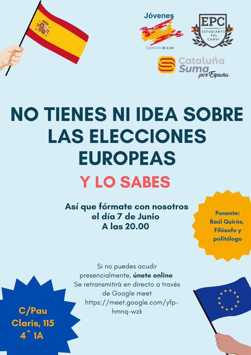 Este domingo día 9 se realizarán las elecciones al Parlamento Europeo🗳️🇪🇺

Cada voto cuenta y queremos que estés 

Si no puedes acudir presencialmente, retransmitimos la conferencia en directo a través de este link:

 meet.google.com/yfp-hmnq-wzk 

Te esperamos!! 🇪🇸🇪🇺