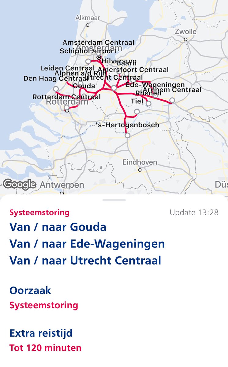Oei, grote storing bij de Verkeersleiding van ProRail in Utrecht. Daarom geen treinen rond Utrecht… Houd de NS Reisinformatie in de gaten. #storing
