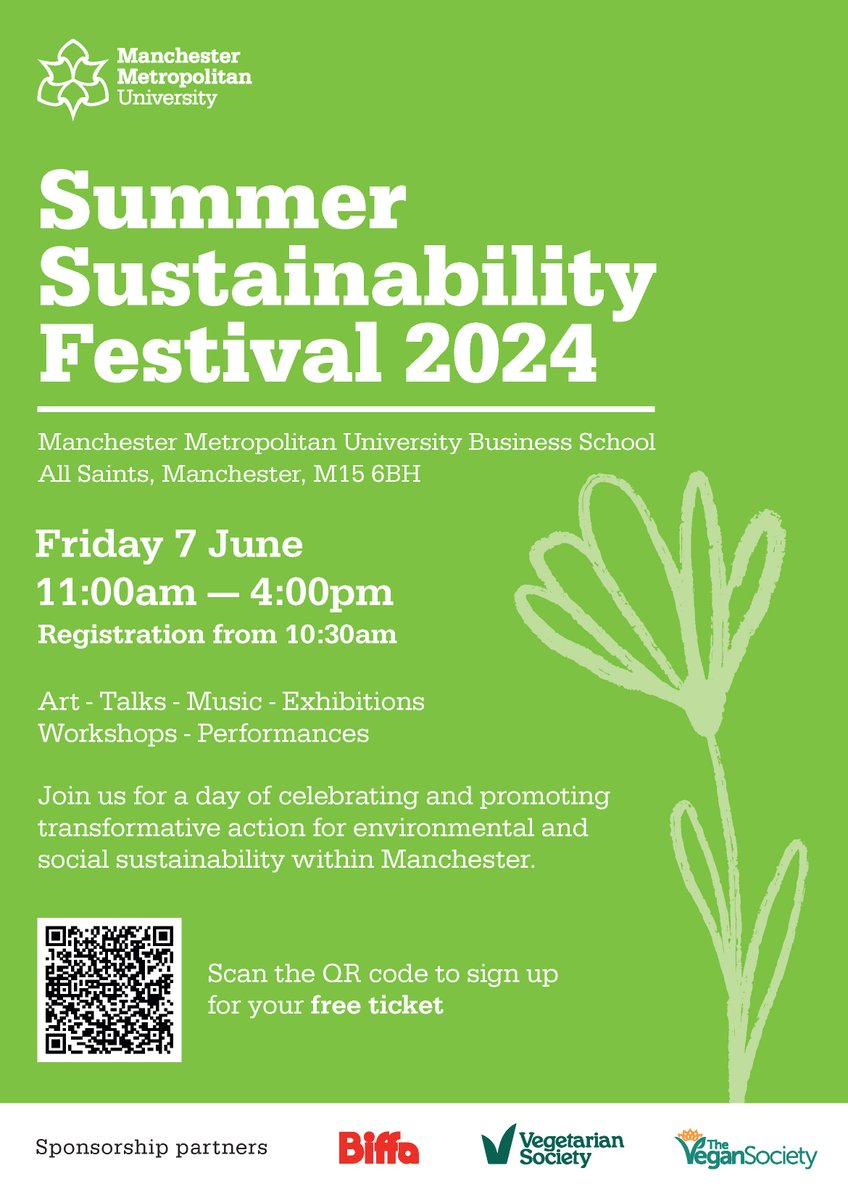 This Friday 7 June, the Business School will be hosting the annual Sustainability Festival to celebrate and promote transformative action for socio-ecological sustainability within Manchester and beyond. 

Book your free ticket here: ow.ly/wNZ250S9r6E
