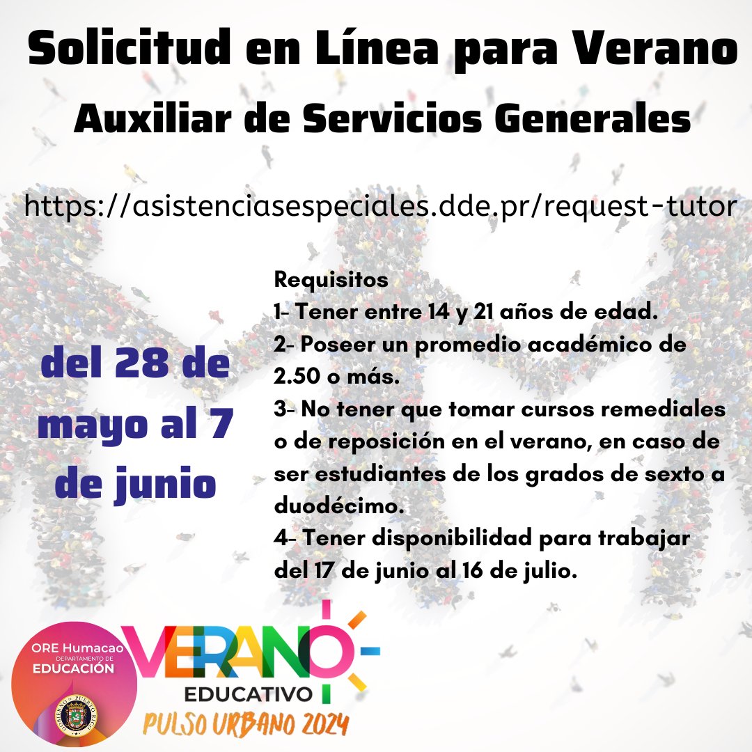 OreHumacao's tweet photo. Enlace para Auxiliar de Servicios Generales (para personas de 14 a 21 años de edad)
https://t.co/7sBAb3YRSV
Último día para solicitar este viernes, 7 de junio. https://t.co/qRwfPg1ec0