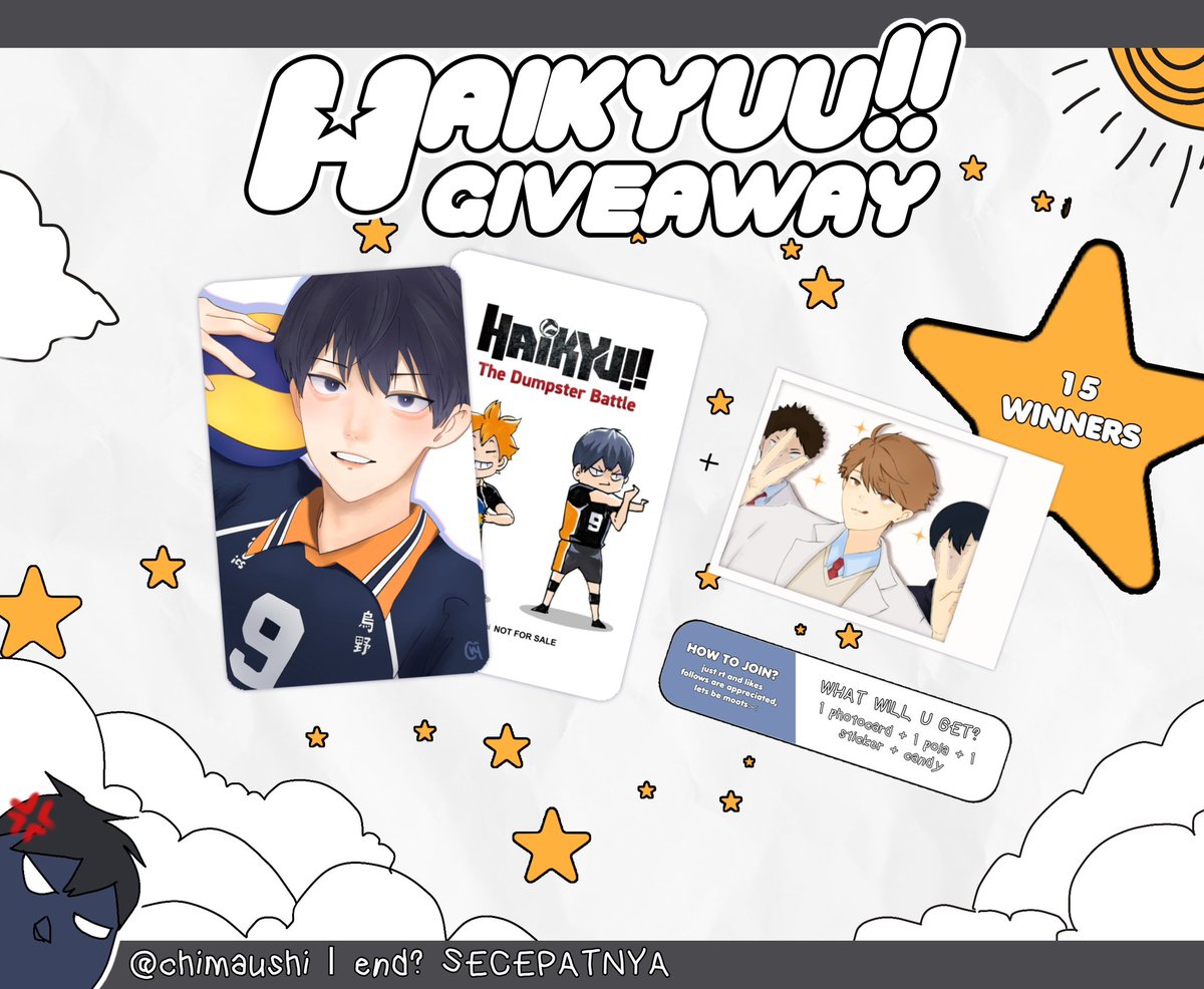 ★ GIVEAWAY HQ ★

dalam rangka sedih gak bisa nonton hq movie, aku mau cari rumah baruu buat anakk ini. totalnya 15 pemenang ya!!

rules :
rt+likes

end? secepatnya, besok lusa mungkin ya…
#warunganime #warunghaikyuu #warunghq
