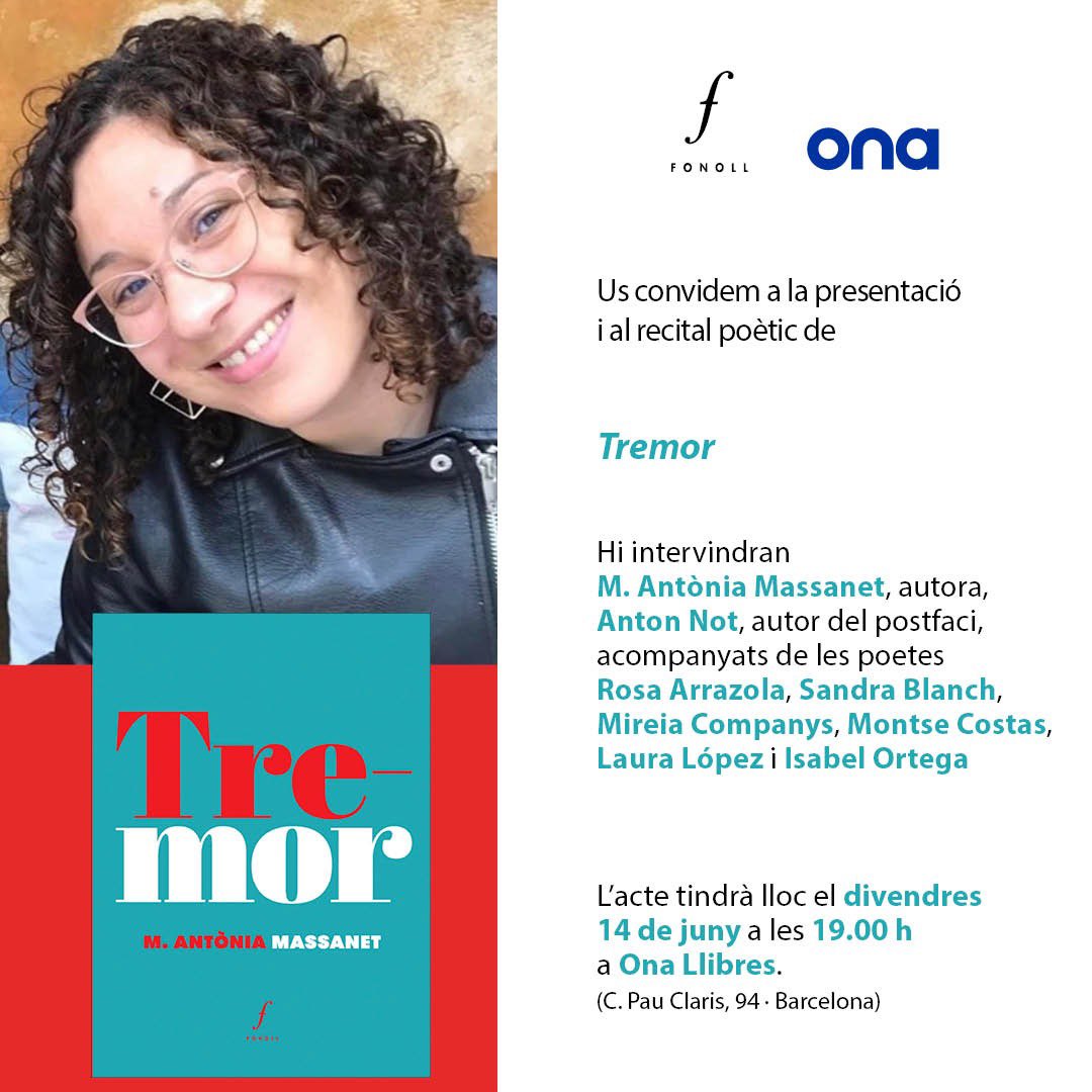 Divendres 14 nova presentació de #Tremor <a href="/editorialfonoll/">editorial fonoll</a> a <a href="/OnaLlibres/">Ona Llibres</a> amb #antonnot <a href="/rmarrazola/">Rosa Maria Arrazola</a> @lanucanua @mcostasbcn @LauraLopezG <a href="/IsabelOrtega92/">Isabel Ortega</a> #mireiacompanys