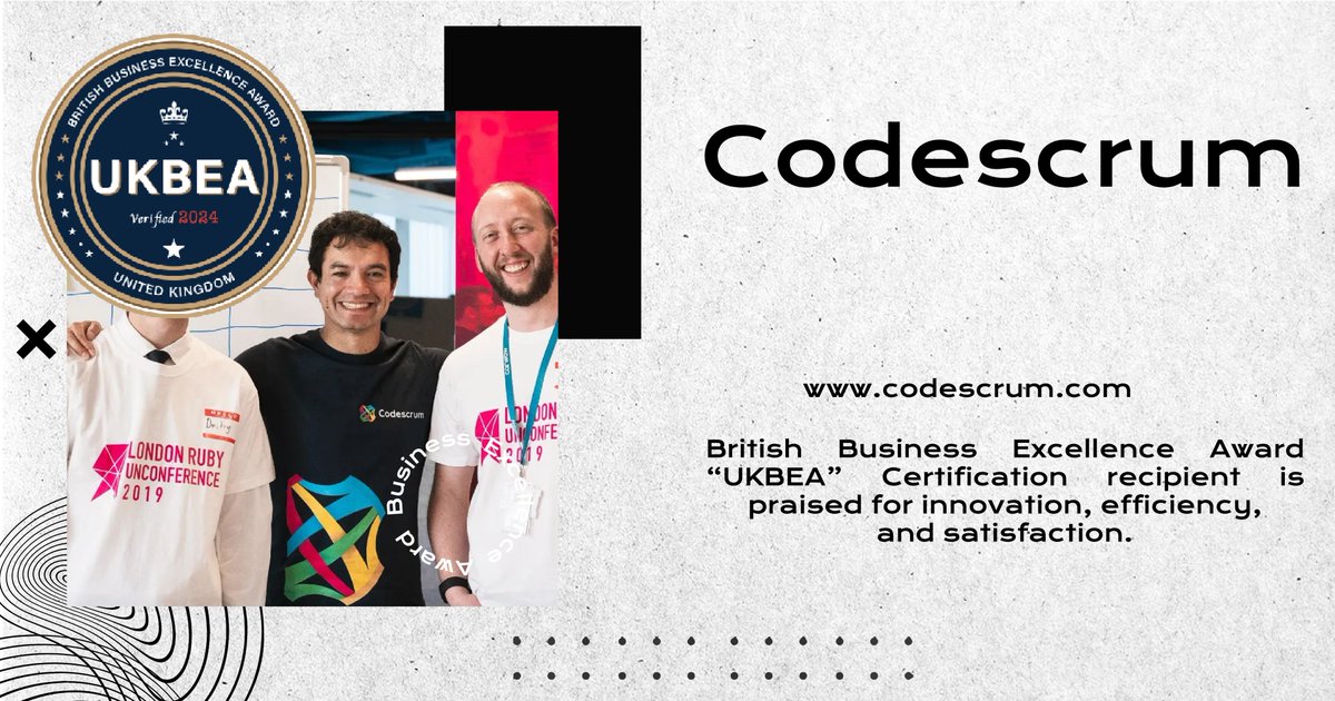 theukbea's tweet photo. 🇬🇧 UKBEA 🇬🇧 British Business Excellence Award 🏆

Presenting: 🎉
codescrum

A Software Company, Beacon of Excellence in London, UK 
🌐 Website: https://t.co/Kufyh9K9nW 
📍 Location: Kings Place, 90 York Wy, London N1 9AG 
☎️ Contact: 020 3925 3546 
@theukbea
#codescrum #theukbea https://t.co/NkT8W2xCkX