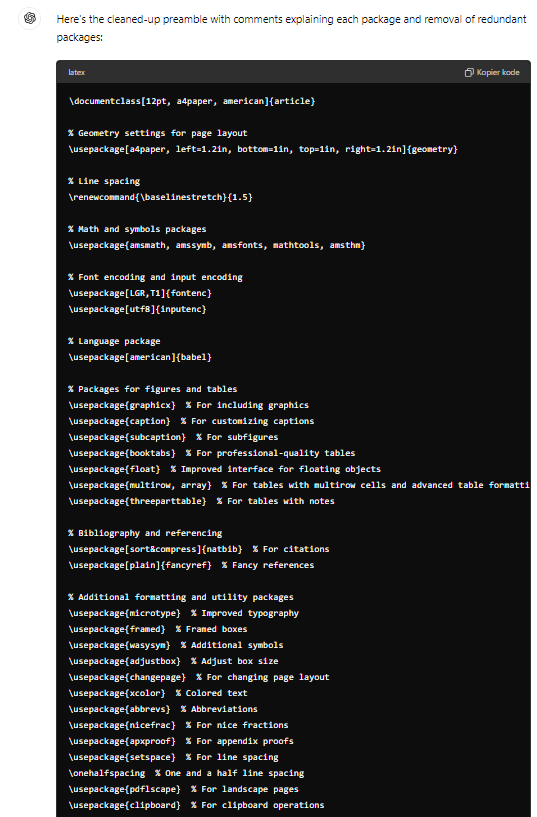 Today's prompt to restore law and order to your LaTeX preamble: 

adjust my preamble. remove redundant packages etc and make small comments about what each package does