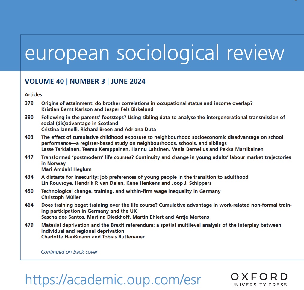☀⛱ Ready for the summer? 
Our new summer issue is out with amazing research by <a href="/ciannelli1/">Cristina Iannelli</a> <a href="/BeateVolker/">Beate Volker</a> @kbkarlson <a href="/meuleb/">Bart Meuleman</a> <a href="/MariHeglum/">Mari Amdahl Heglum</a> <a href="/fabian_kalf/">Fabian Kalleitner</a> <a href="/birkelund_jf/">Jesper Fels Birkelund</a> <a href="/martin_ehlert/">Martin Ehlert</a> @ruettenauer @ArnoVanHootegem <a href="/HaLahtin/">Hannu Lahtinen</a> <a href="/SaschaDosSantos/">Sascha dos Santos</a> <a href="/LRouvroye/">Lin Rouvroye</a> &amp; more!
➡academic.oup.com/esr/issue/40/3