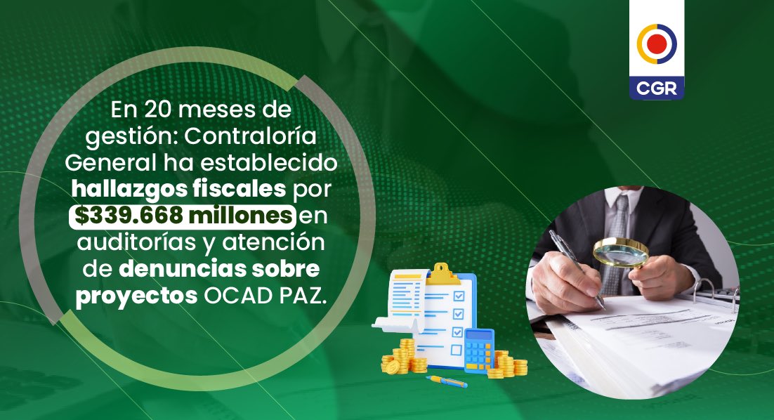 CGR_Colombia's tweet photo. En los últimos 20 meses, la CGR ha auditado 242 proyectos financiados con recursos del OCAD Paz, por un total de $2.8 billones. Como resultado, se han identificado hallazgos con incidencia fiscal que superan los $339.668 millones.

Más información: https://t.co/oZGOfTAiw8 https://t.co/uuOBRncFSe