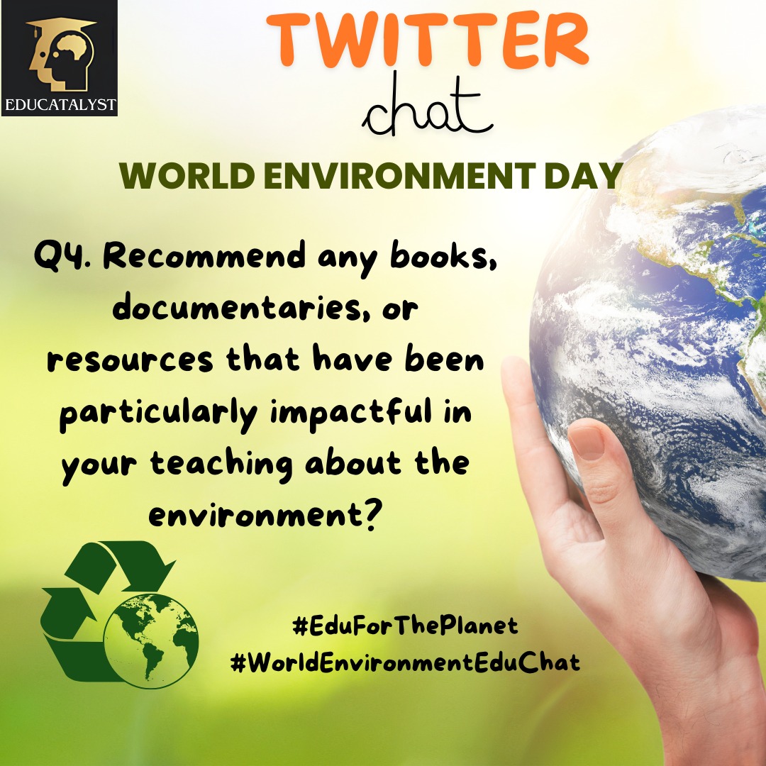 Q4. Recommend any books, documentaries, or resources that have been particularly impactful in your teaching about the environment? #EduForThePlanet
#WorldEnvironmentEduChat

<a href="/Salman14sheikh/">Salman Faridi</a> <a href="/NishaYa2194641/">Nisha Yadav</a> <a href="/pannajg/">Panna Gandhi</a> <a href="/MSablok/">Mukta Sablok</a> <a href="/GegSurat/">GEG Surat, India</a>