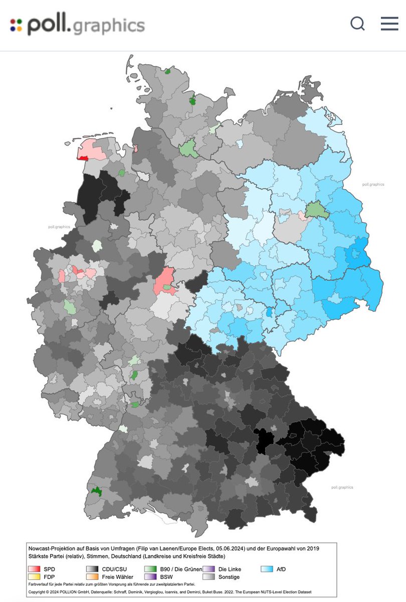 ⚡Finale Nowcast-Projektion für Deutschland vor der Europawahl⚡

Stärkste Partei je Landkreis - relativ zur zweitstärksten Kraft

Nowcast auf Basis von <a href="/EuropeElects/">Europe Elects</a> Umfrage-ø vom 05.06.2024.

🔗 poll.graphics/europawahl-deu…

#pollgraphicsnowcast #pollgraphics #Europawahl2024