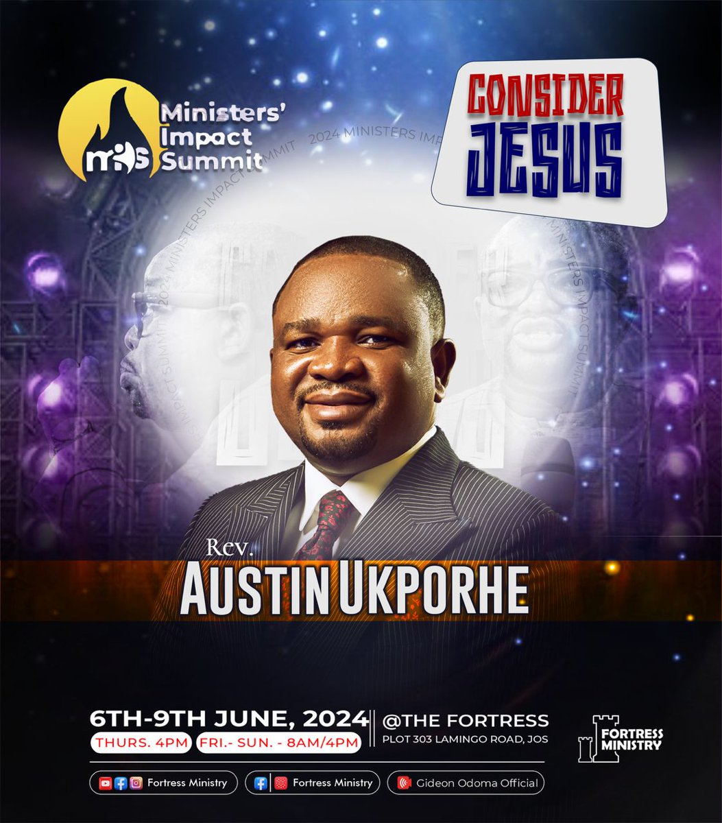 gideonodoma's tweet photo. MINISTERS' IMPACT SUMMIT (MiS) 2024

Begins this Thursday, right here at THE FORTRESS, Plot 303 Lamingo Road, Jos. 

Opening service: 4pm on Thursday. 
Friday – Sunday: 8am & 4pm 

There will be both free and paid accommodation for participants from out of town.

MiS is for: ordained ministers, church workers and all responsible believers. Join us on-site and online. 

See you!