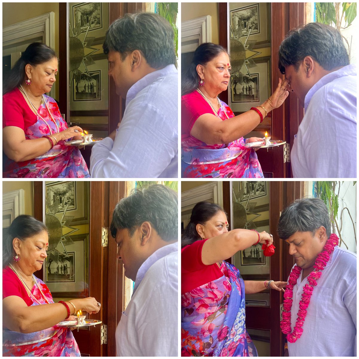 VasundharaBJP's tweet photo. पाँचवीं बार सांसद बन कर घर आने पर बेटे दुष्यंत सिंह को वात्सल्य और बधाई!

#BJP4India #BJP4Rajasthan https://t.co/XUwMpylxiu