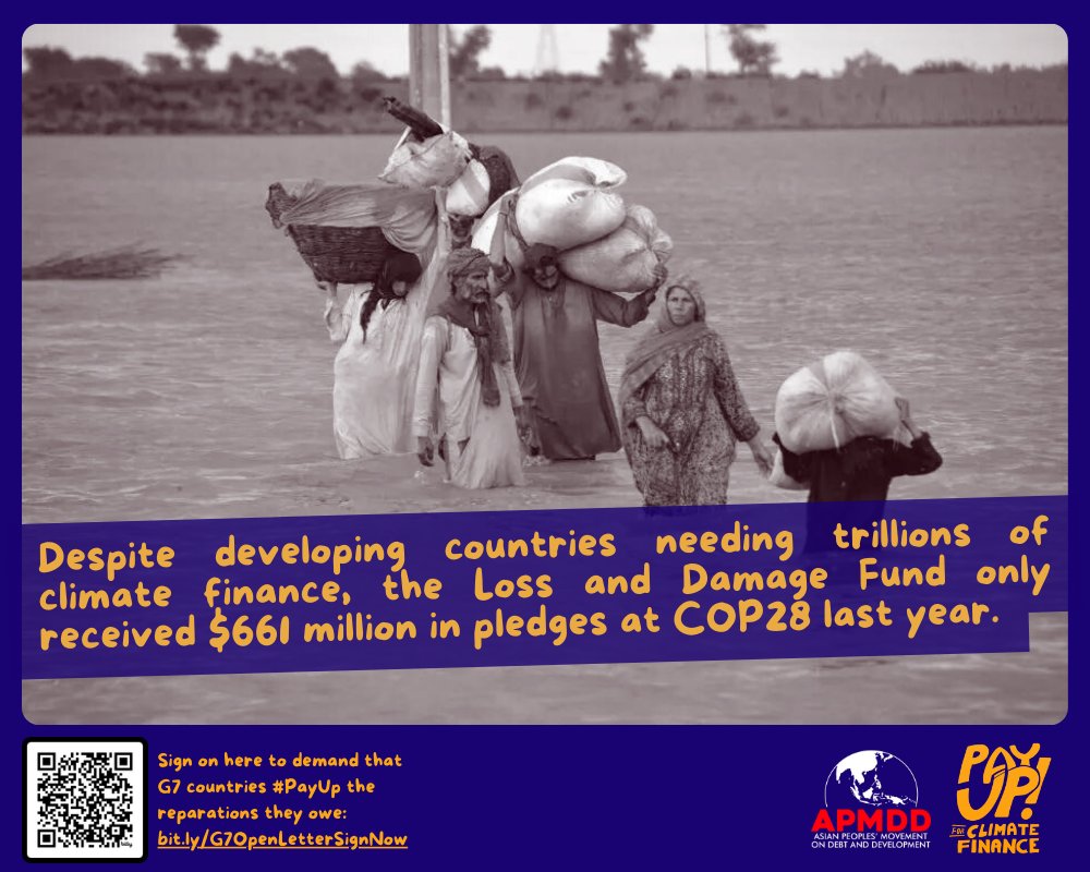 The Loss &amp; Damage Fund has received only $661M in pledges–a drop in the bucket compared to the actual cost. In 2022 alone, Pakistan suffered $40B in losses and damages. 🌊

Sign on here to demand that G7 countries #PayUp and deliver #ClimateFinanceNow: bit.ly/G7OpenLetterSi… ✊🏽
