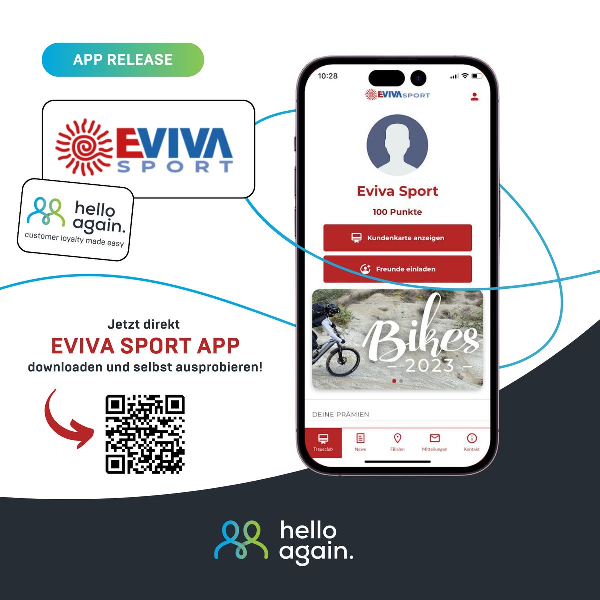 Neuzugang in der hello again App Family: Die EVIVA SPORT APP ist da! 🎉

📱 Digitale Kundenkarte. 🏆 Punkte sammeln. 📍 Filial-Check-In. 👥 Freunde einladen. 🧾 Digitale Rechnung. Und vieles mehr!

Jetzt EVIVA SPORT APP herunterladen und ausprobieren:
📲 hubs.li/Q02zDdd30