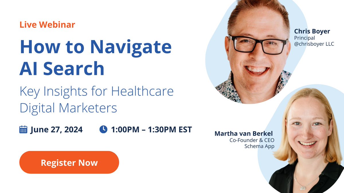 Schema App (@schemaapptool) on Twitter photo Join our upcoming webinar with <a href="/chrisboyer/">Chris Boyer</a> to learn:
✅How user experience is changing with AI search
✅How to stay relevant & perform in AI search
✅Metrics for measuring results in AI search
✅Upcoming trends reshaping healthcare marketing
Register👉bit.ly/457Gurm Join our upcoming webinar with <a href="/chrisboyer/">Chris Boyer</a> to learn:
✅How user experience is changing with AI search
✅How to stay relevant & perform in AI search
✅Metrics for measuring results in AI search
✅Upcoming trends reshaping healthcare marketing
Register👉bit.ly/457Gurm