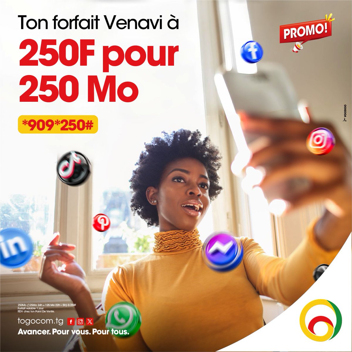 YasTogo's tweet photo. Ton forfait Venavi à 250F pour 250 Mo est de retour juste pour toi !😊

Avec 250F, obtiens 125 Mo valable 24H et 125 Mo valable de nuit entre 22H et 5H.📱

Tape vite *909*250# pour bénéficier de la Promo dès maintenant ou rendez-vous chez ton point de vente !

#TOGOCOM #Promo250 https://t.co/pk0GsJsylh