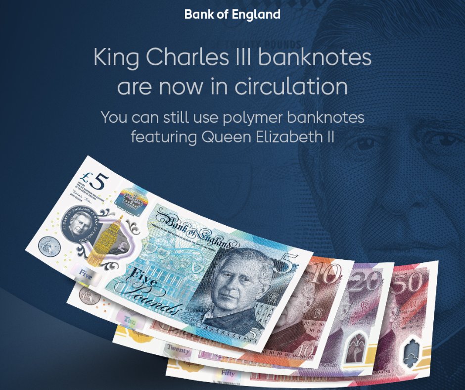 The new banknotes featuring King Charles III are now in circulation. The new notes and notes featuring Queen Elizabeth II will be in circulation together. There is no need to exchange or use up those that feature Queen Elizabeth II.

#KingCharlesIIIBankNotes  <a href="/bankofengland/">Bank of England</a>