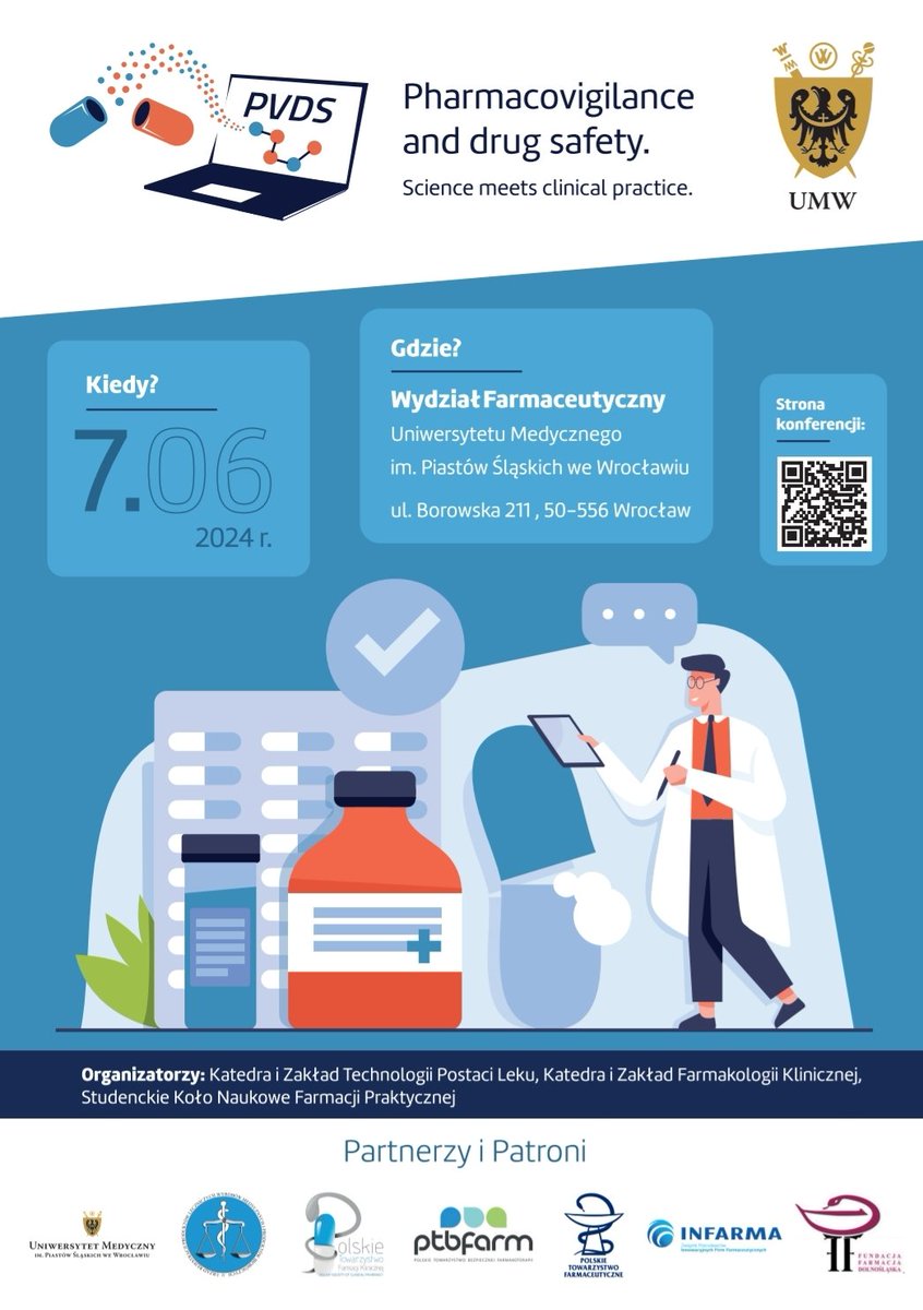 MrRepelewicz's tweet image. Już w ten piątek rusza na Wydziale Farmaceutycznym @umed_wroc we Wrocławiu nowy przystanek na mapie wydarzeń zdrowotnych, na których trzeba być. 

💊Pharmacovigilance and drug safety.

Bogate grono ekspertów, praktyków i uczonych, w tym również reprezentacja @URPLWMiPB.

#PVDS…