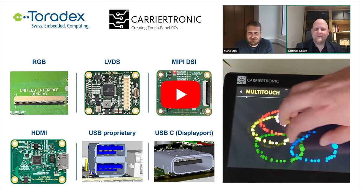 Toradex's tweet photo. Did you miss our webinar last week with #Carriertronic? No worries! Click the link and watch it on demand at any time to learn about connecting a #MultitouchDisplay using custom hardware and a #ToradexSoM: https://t.co/merMzFKJ8L
#Torizon #TorizonOS #LVDSDisplay #LVDS #SoM https://t.co/bqyqDYn14n