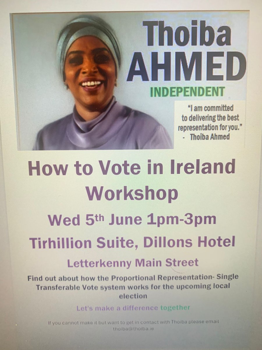 VoteThoiba's tweet photo. Call in today for my How to Vote in Ireland workshop and the voting system in Ireland in Dillons Hotel, Letterkenny, 1pm-3pm today https://t.co/uHRvPSaeoM