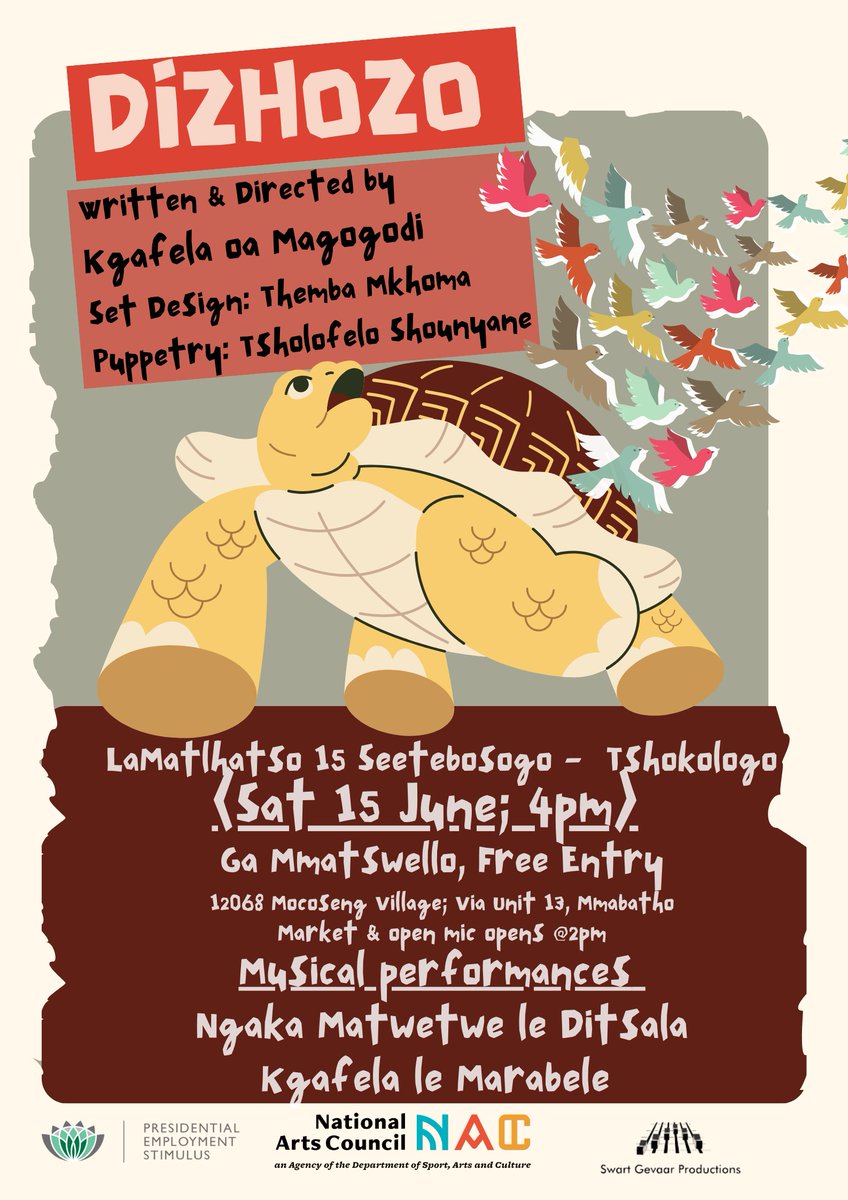 Haueng Ga-Matswello.
Saturday 15 June
2pm Market; 4pm play opens
Musical performances by Ngaka Matwetwe le Ditsala &amp; Kgafela le Marabele