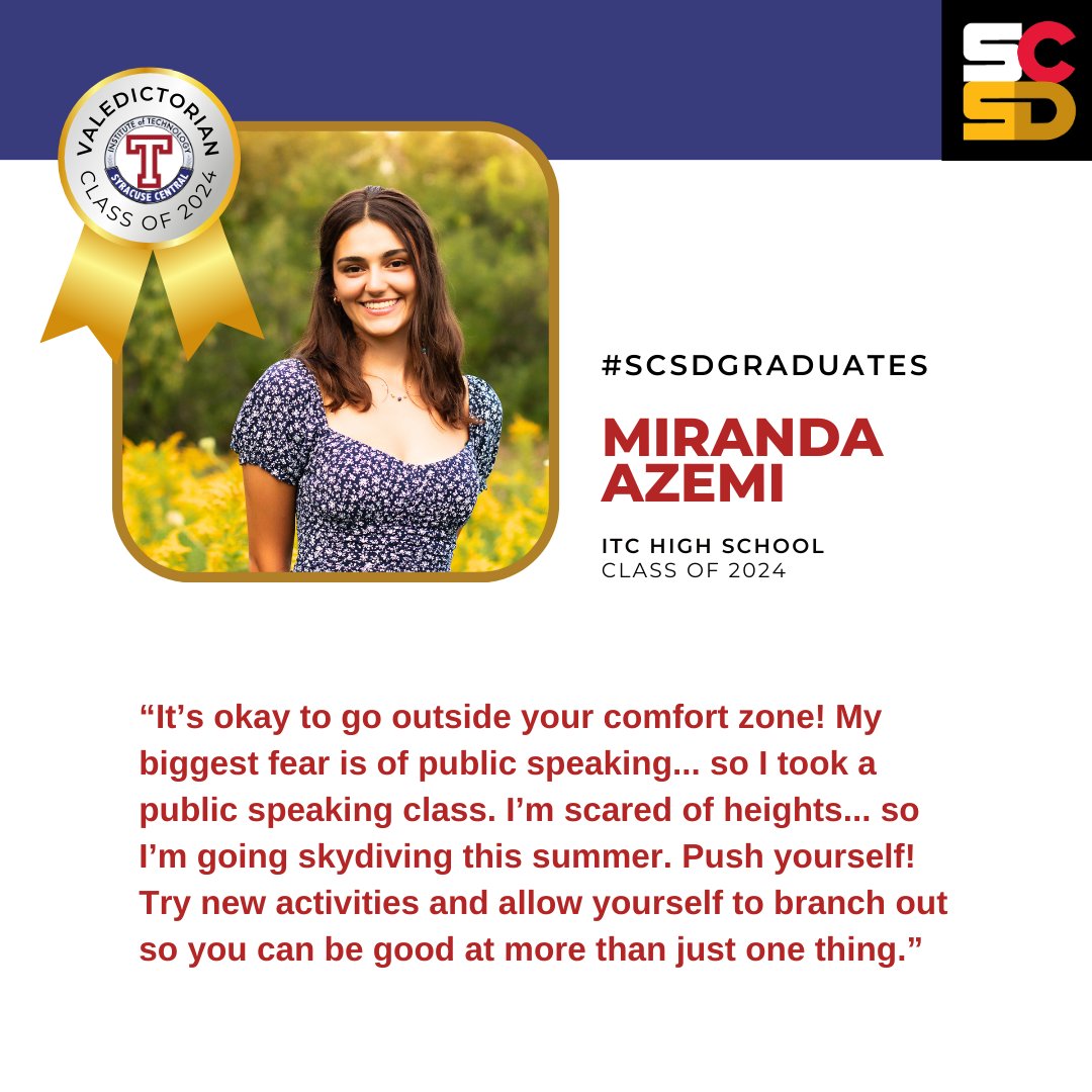 SyracuseSchools's tweet photo. We’re so proud of all of our Class of 2024 #SCSDGraduates! @syracuseITC Valedictorian Miranda Azemi will be attending @Cornell, where she plans to study Biological Science on a Pre-Med track – with ambitions of becoming a family physician one day. https://t.co/4j8LX3mHKi