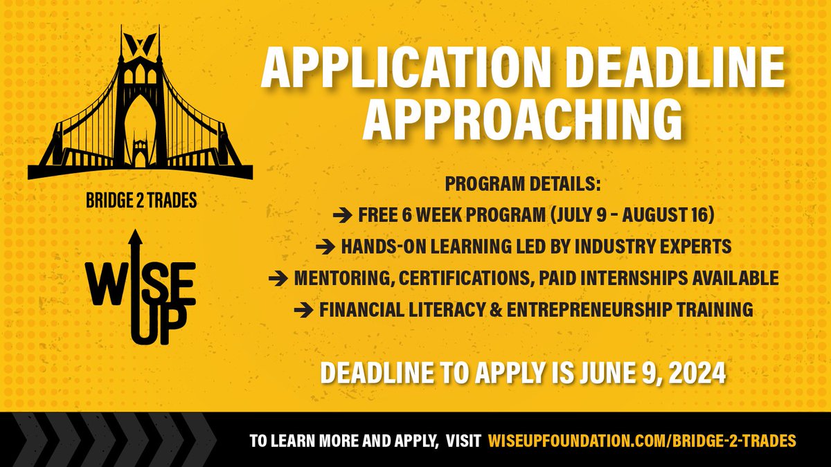 #Boston-area HS students: Build your future in skilled trades with this free program! Apply by this Sunday, June 9th. Don’t miss out! wiseupfoundation.com/bridge-2-trades
