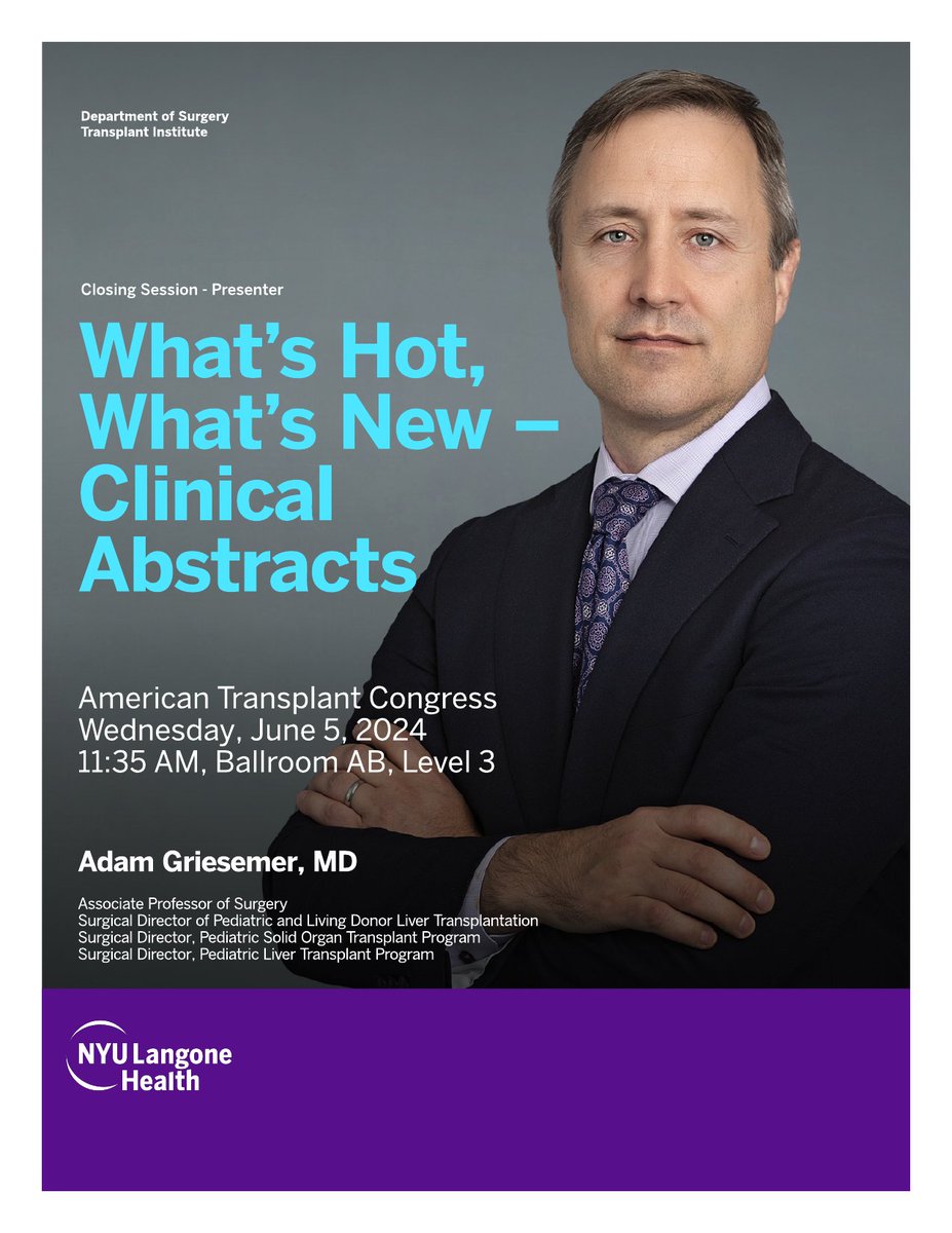 Exciting news! Dr. Adam Griesemer, from @NYULangone, will present at #ATC2024Philly!
Join him at the "What’s Hot, What’s New – Clinical Abstracts" closing session for the latest in clinical transplantation! 🌟🩺#MedicalResearch #PediatricTransplant #LiverTransplant <a href="/PedsLiverTxp/">Adam Griesemer, MD</a>