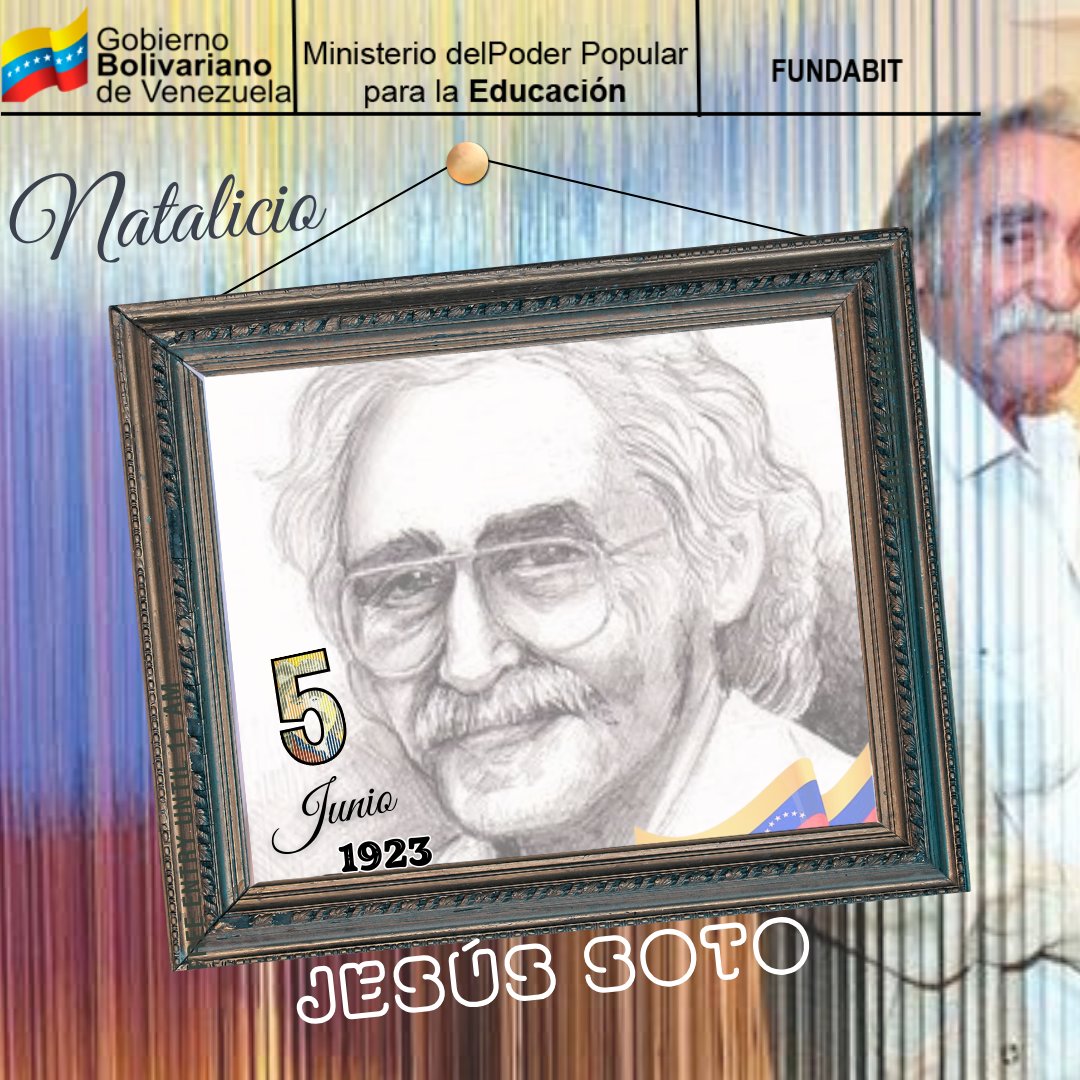 #5Jun Tal día como hoy en el año 1923 nace el  Artista Venezolano Jesús Soto, uno de los máximos exponentes del arte cinético. <a href="/NicolasMaduro/">Nicolás Maduro</a> <a href="/_LaAvanzadora/">Yelitze Santaella</a> @MPPEDUCACION <a href="/Fundabit_/">FundabitOficial</a> <a href="/leivi24/">Leivi/Oceanía</a> <a href="/cdcelara/">Centro de Desarrollo de la Calidad Educativa Lara</a> <a href="/EleamerAbdala/">Eleamer Elkatrib</a> <a href="/Fundabitlara01/">Fundabit Lara</a> <a href="/Dimary08/">D!mary_Anzola</a>