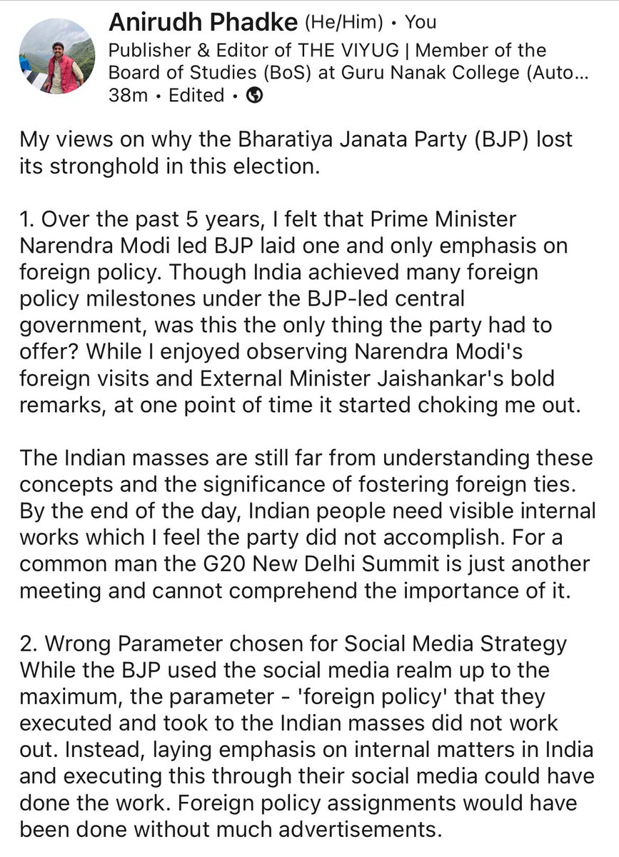Anirudh_Phadke's tweet image. My views on why the Bharatiya Janata Party (BJP) lost its stronghold in this election.
#400Paar #bjpgoverment #BJPSetback #Modi4PM2024Again #ModiKaParivaar #LokSabhaEelections2024 #BJPDefeat 
linkedin.com/posts/anirudh-…