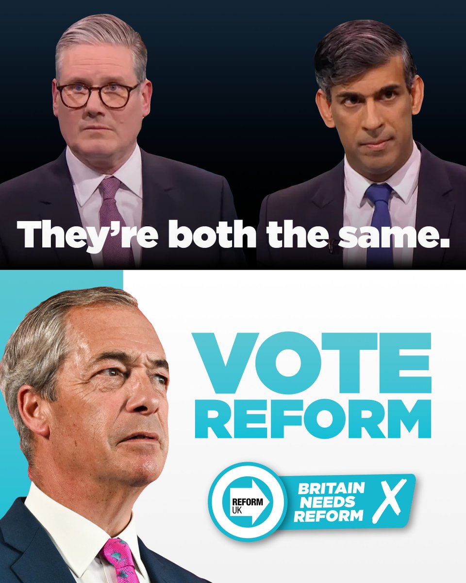 reformparty_uk's tweet image. You have a choice this election:

❌ More of the same with the Tories and Labour

✅ Change with Reform UK

#BritainNeedsReform