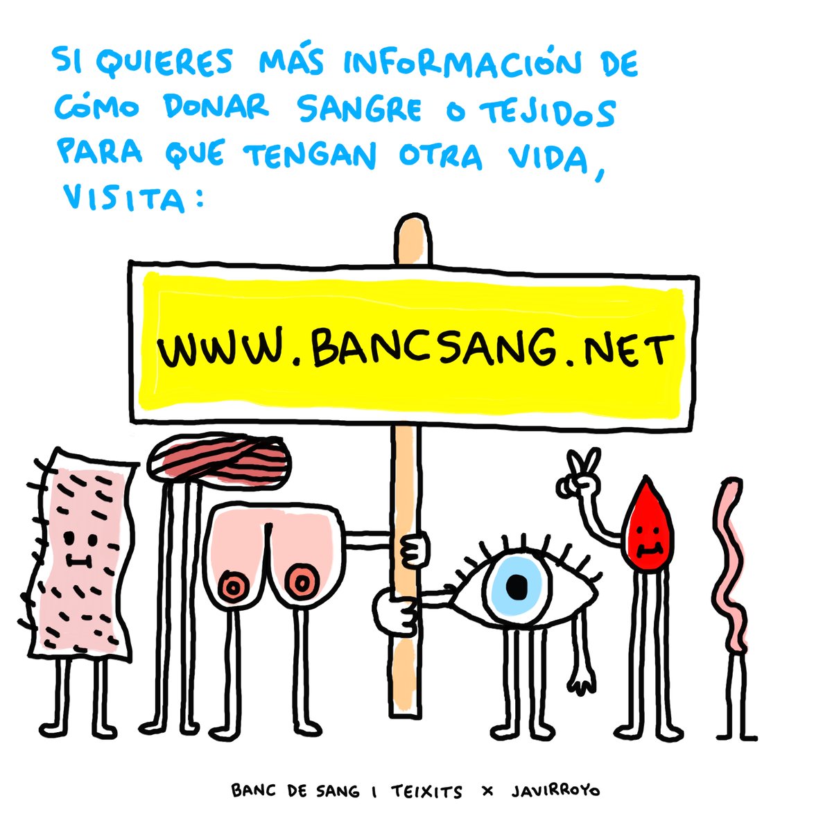 Celebrem el Dia Mundial de la Donació de Teixits, aquesta donació tant desconeguda però tant essencial i necessària  i ho fem en col·laboració amb l'il·lustrador <a href="/javirroyo/">Javirroyo</a>
Un donant de teixits pot ajudar més de 100 persones. bancsang.net/blog/el-banc-d…