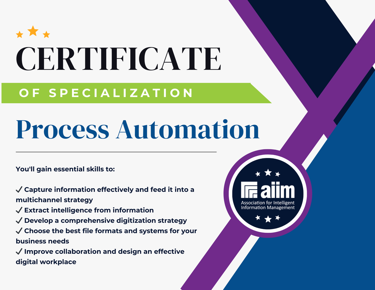 Join AIIM+ Pro to unlock our Process Automation Certificate &amp; more! Learn to map, standardize, &amp; automate your business processes. Maximize ROI, ensure compliance, and improve efficiency.

👉  hubs.la/Q02z5NDT0

#ProcessAutomation #BusinessEfficiency #DigitalTransformation