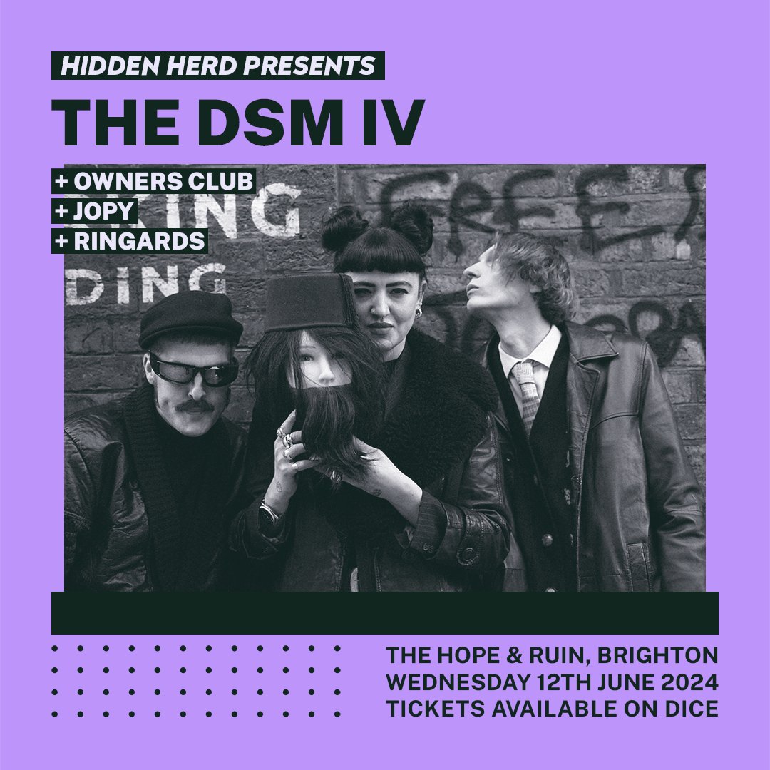 Hidden Herd (@hiddenherd) on Twitter photo One week to go until the next Hidden Herd show and tickets are selling fast ⚡
We can't wait to host <a href="/THEDSMIV/">THE DSM IV</a> <a href="/OwnersClubBand/">Owners Club</a> <a href="/Jopymusic/">Jopy</a> and <a href="/TheRingards/">Ringards</a> at <a href="/thehopeandruin/">The Hope & Ruin</a> next Wednesday 🔥
Get a £4 off cheap list ticket on DICE with code HIDDENHERD ➡️ linktr.ee/hiddenherd One week to go until the next Hidden Herd show and tickets are selling fast ⚡
We can't wait to host <a href="/THEDSMIV/">THE DSM IV</a> <a href="/OwnersClubBand/">Owners Club</a> <a href="/Jopymusic/">Jopy</a> and <a href="/TheRingards/">Ringards</a> at <a href="/thehopeandruin/">The Hope & Ruin</a> next Wednesday 🔥
Get a £4 off cheap list ticket on DICE with code HIDDENHERD ➡️ linktr.ee/hiddenherd
