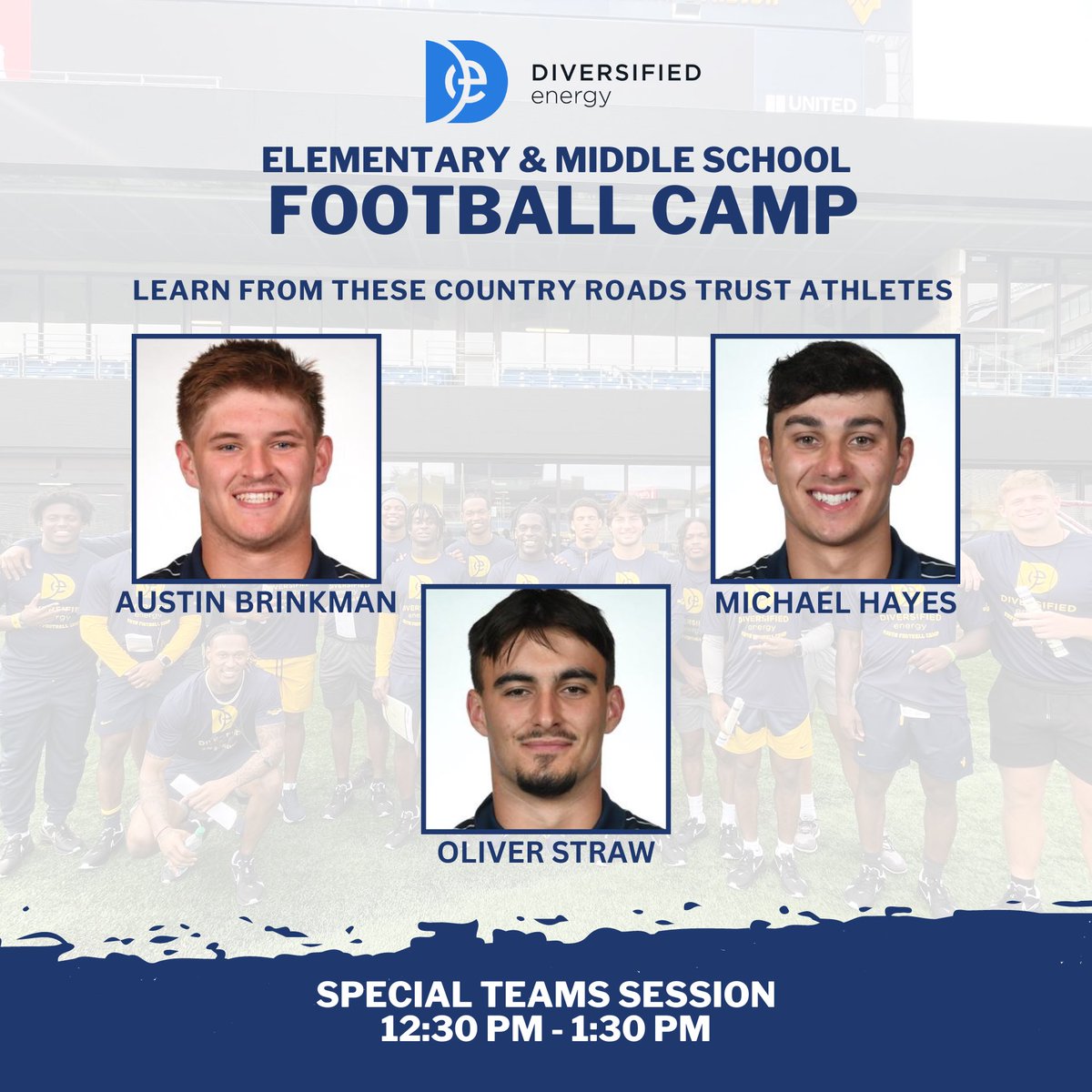 CountryRdsTrust's tweet photo. Less than two weeks till our 3rd annual @div_energy Youth Football Camp at Milan Puskar Stadium!

This year, we have three different sessions your camper can attend: offense, defense, and special teams. They are welcome to come to just one session or all three 🏈

Meet the players who will be coaching the special teams session from 12:30-1:30 on the 18th!

We hope to see you there. You can sign up your camper(s) at the link below.

🔗https://t.co/iQ6nROgvcx
