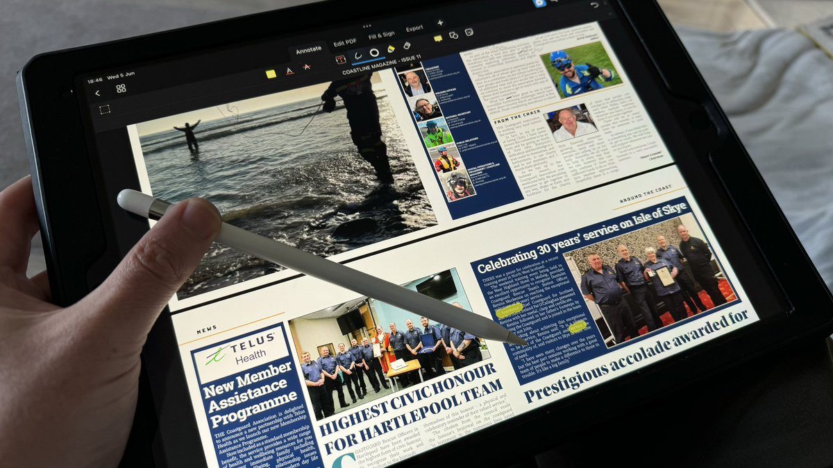CGA_Kev's tweet photo. I’ve moved away from traditional printing to digital proofreading as I put the finishing touches to Issue 11 of Coastline Magazine coming out this weekend. The iPad Pro and Apple Pencil make for a powerful combination #999Coastguard #DigitalEditor https://t.co/6VB7SFAG4Q